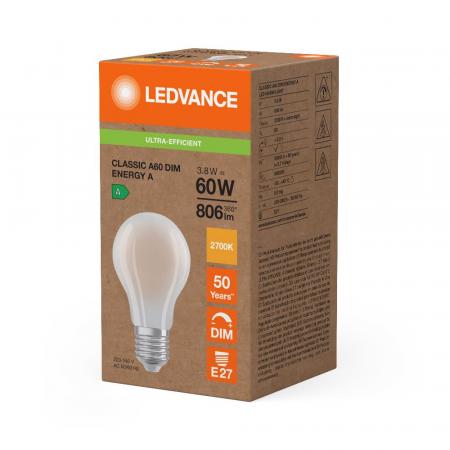 Ledvance E27 LED Lampe Classic imatt 3,8W wie 60W 2700K warmweißes Licht dimmbar - Energy efficiency class A